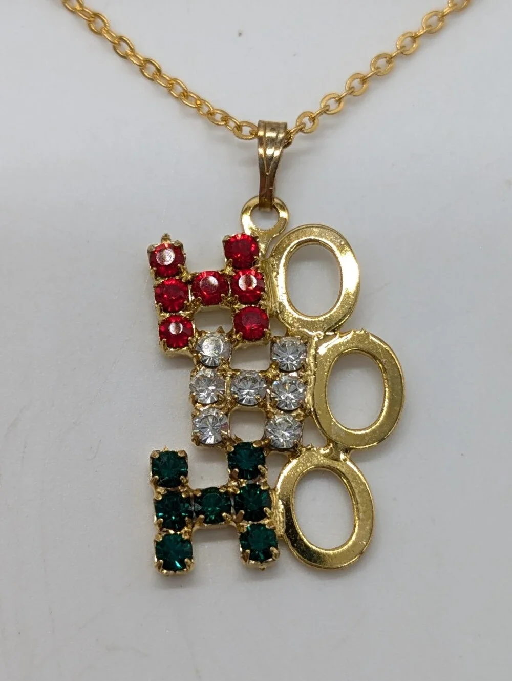 NWT Joycraft Jewelry Gold-Tone Red Green Swarovski HoHoHo Christmas Necklace